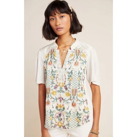 🎉 NEW LISTING Anthropologie Cream Floral Embroidered Blouse, Size Large - Picture 1 of 13